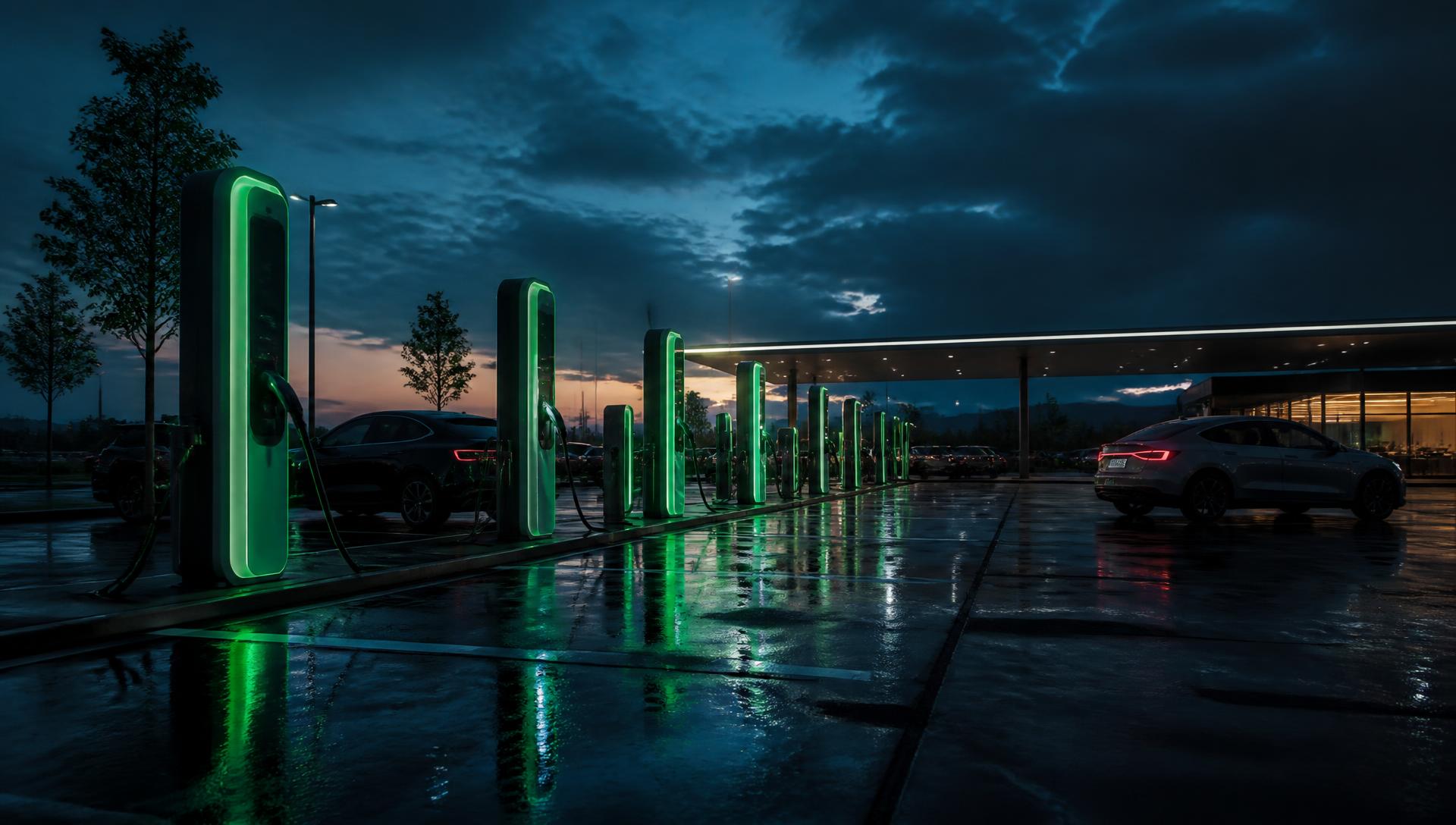 EV fast-charging hub glowing at dusk